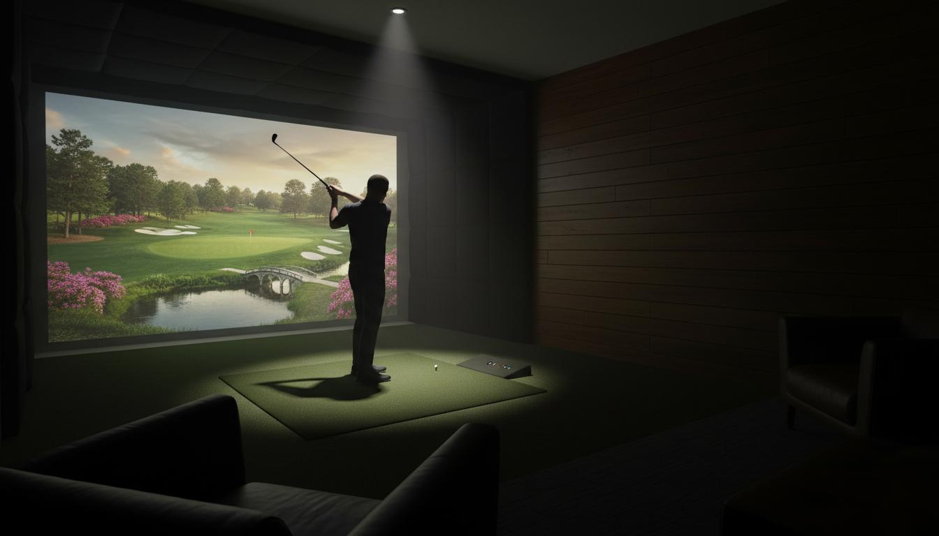 Indoor golf simulator bay with launch monitor technology