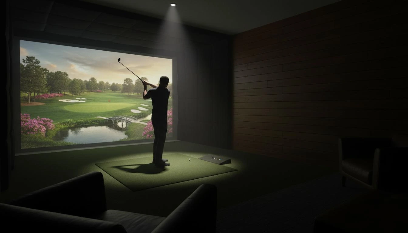 Indoor golf simulator bay with launch monitor technology